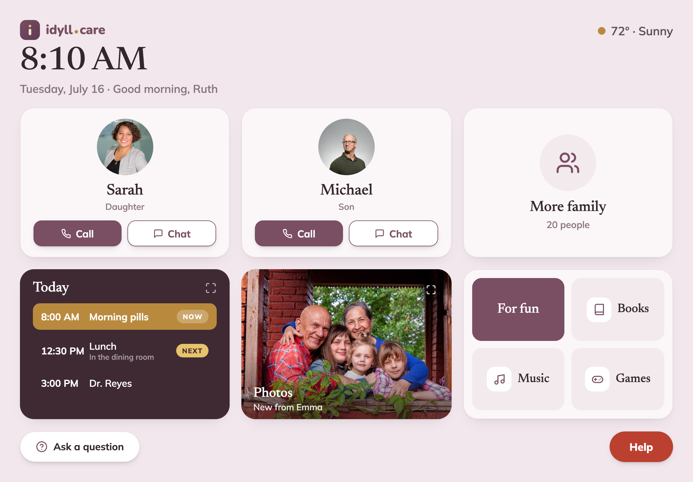 The Idyll ambient home screen on a tablet, cycling through the app's screens — today's plan, messages, photos, music, games, audiobooks and the family roster