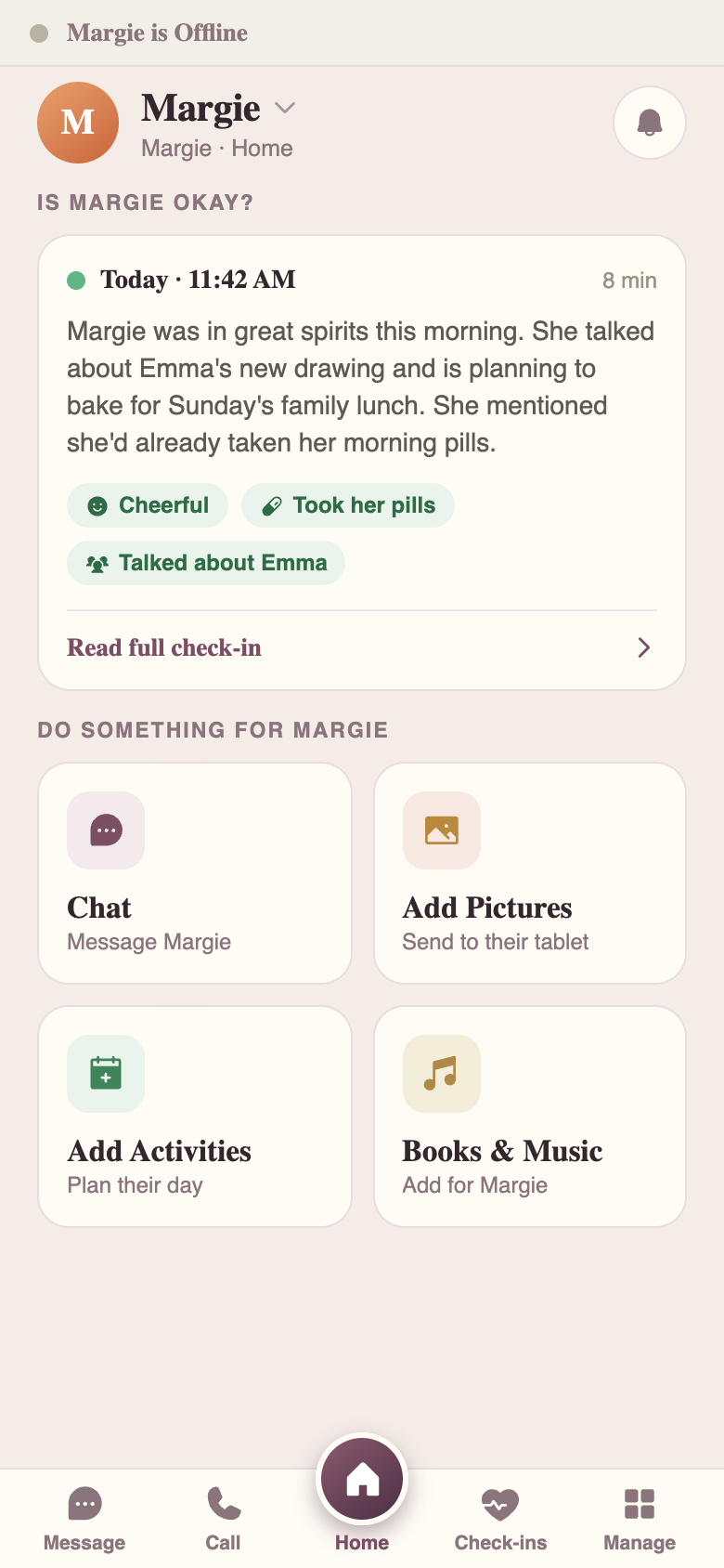 The Idyll Caregiver phone app — the latest check-in answering 'Is Margie okay?', with quick actions to chat, add pictures, plan the day and add books or music
