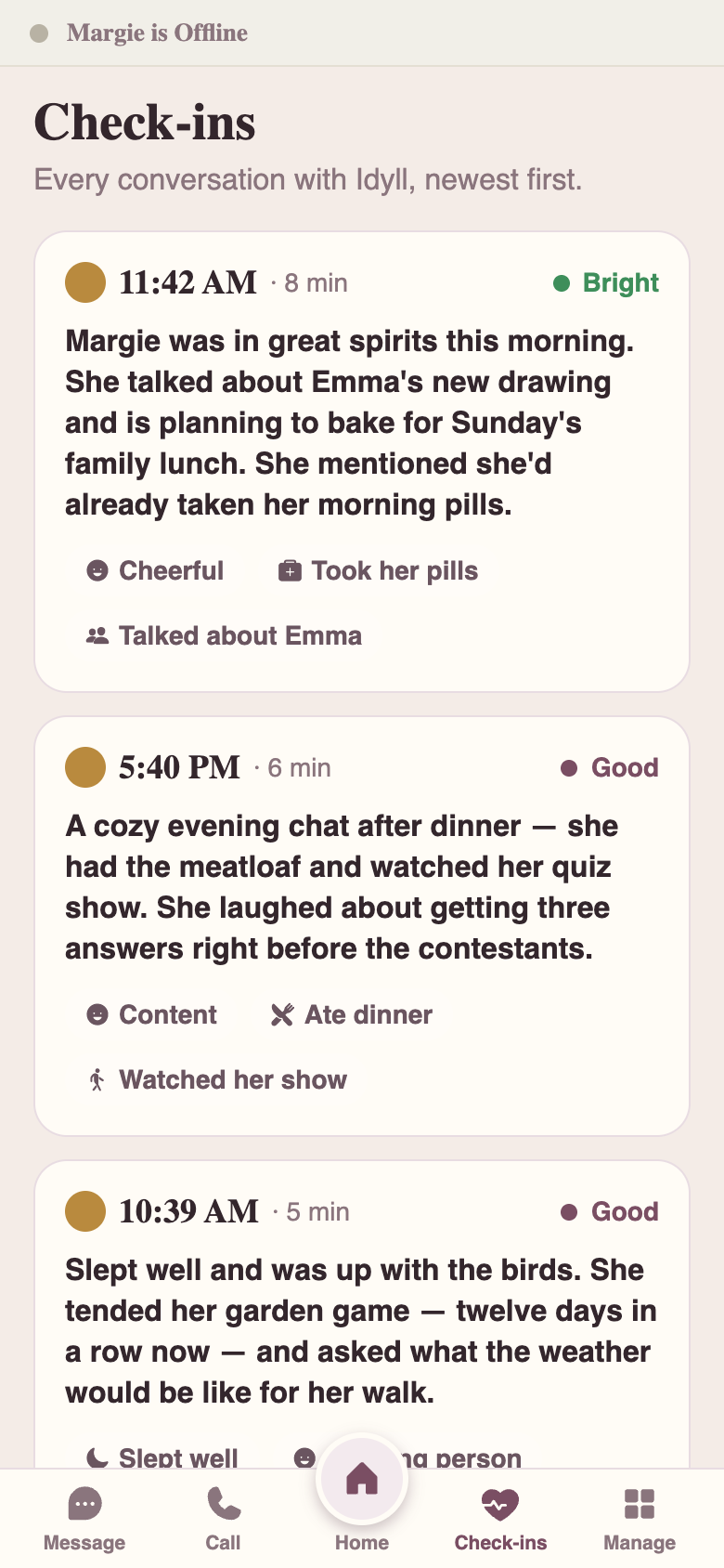 The Check-ins screen of the Idyll Caregiver app — a feed of short AI conversation summaries with mood and medication chips