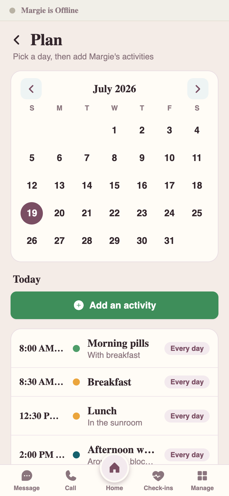 Plan — a calendar and the day's activities
