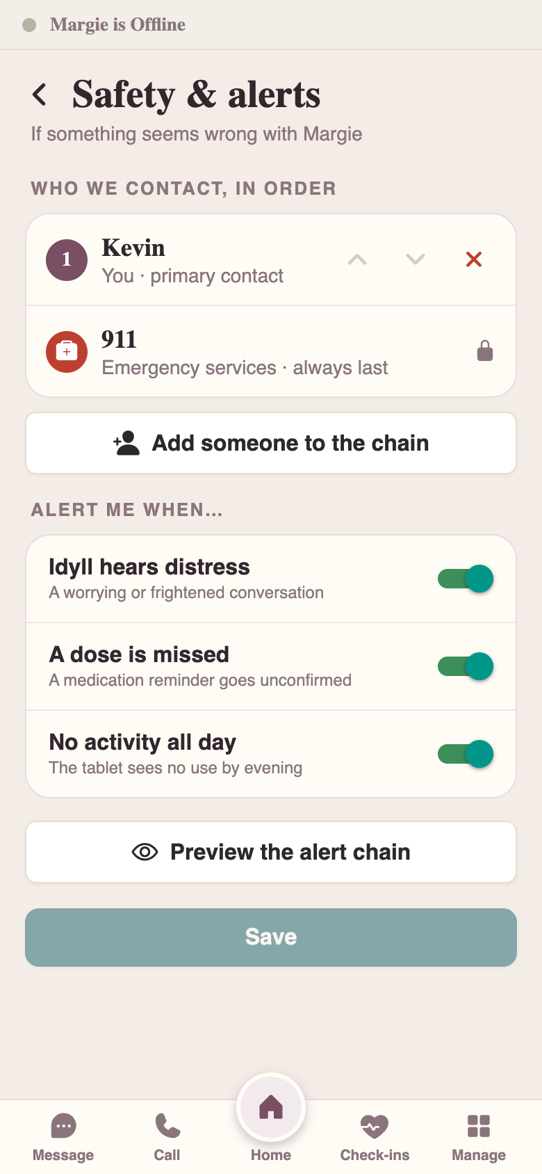 Safety & alerts — the contact chain and alert rules