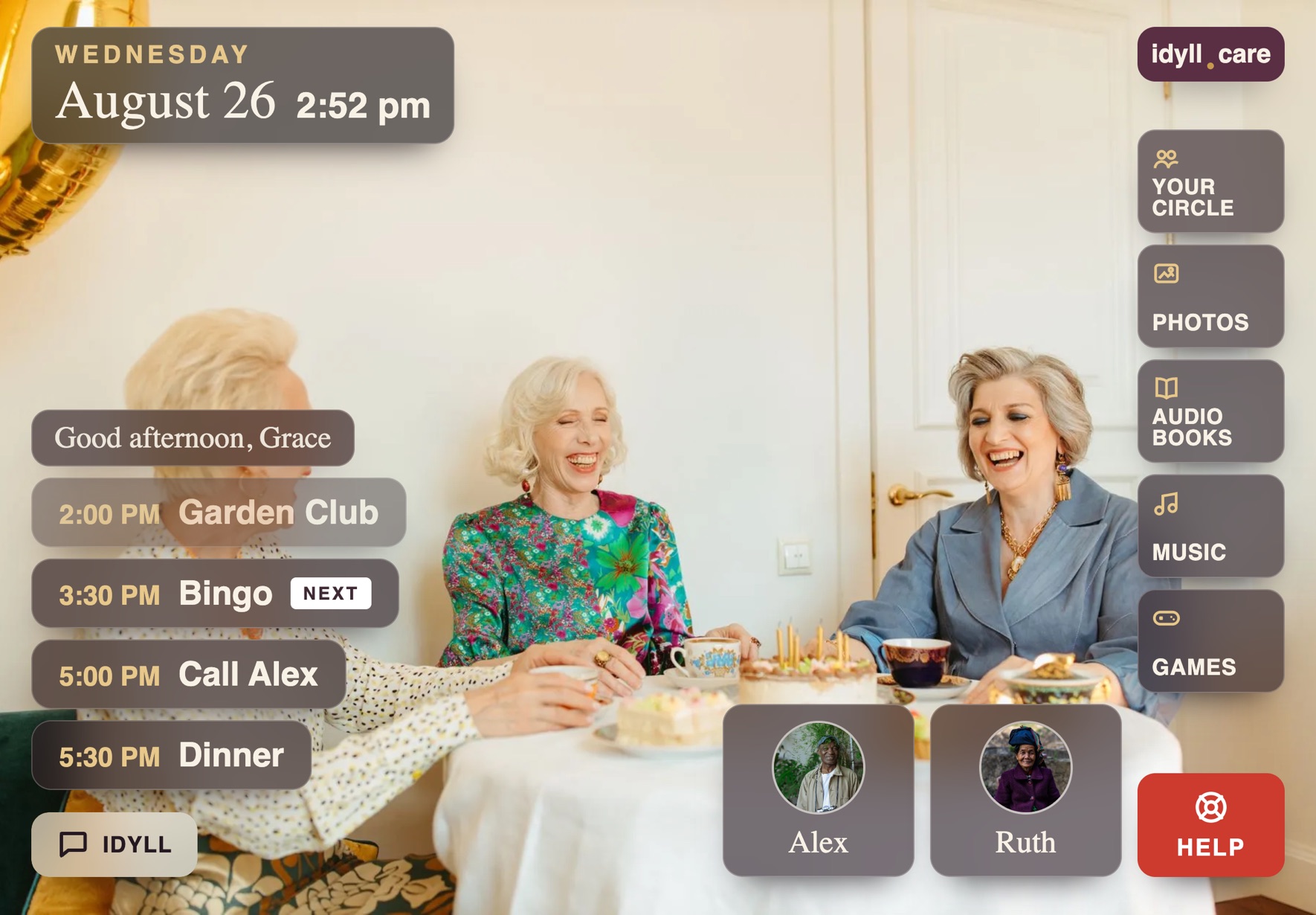 The Idyll home screen on an iPad: a family photograph fills the screen, with the date, the day's plan, the faces of family to call, and a red Help button