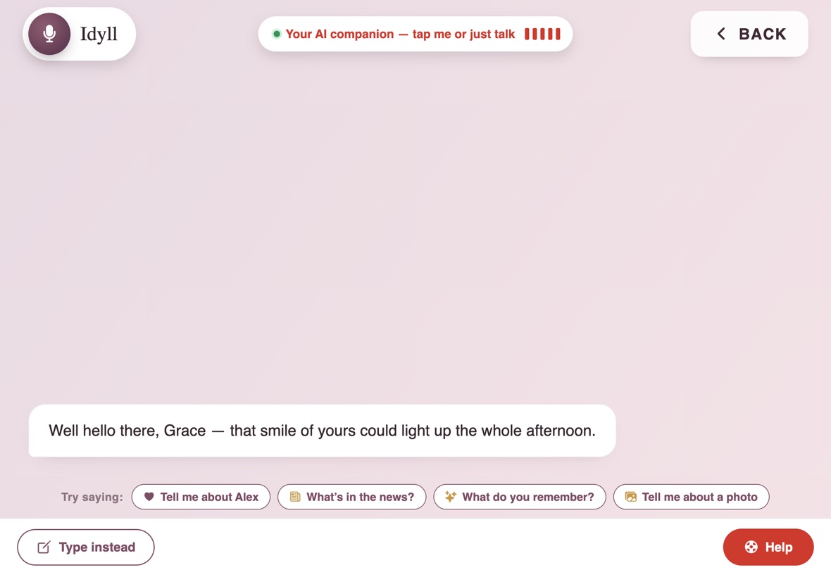 A conversation with Idyll on the iPad: she mentions Gene Kelly, and Idyll answers her by name and offers to put the music on