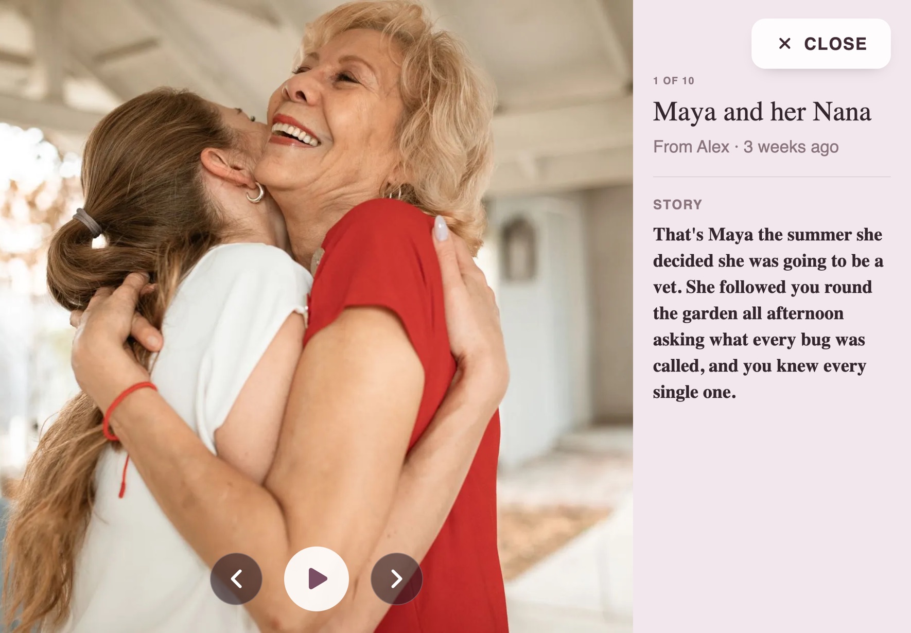 A photo of a granddaughter and her Nana filling the iPad screen, with the story the family recorded beside it