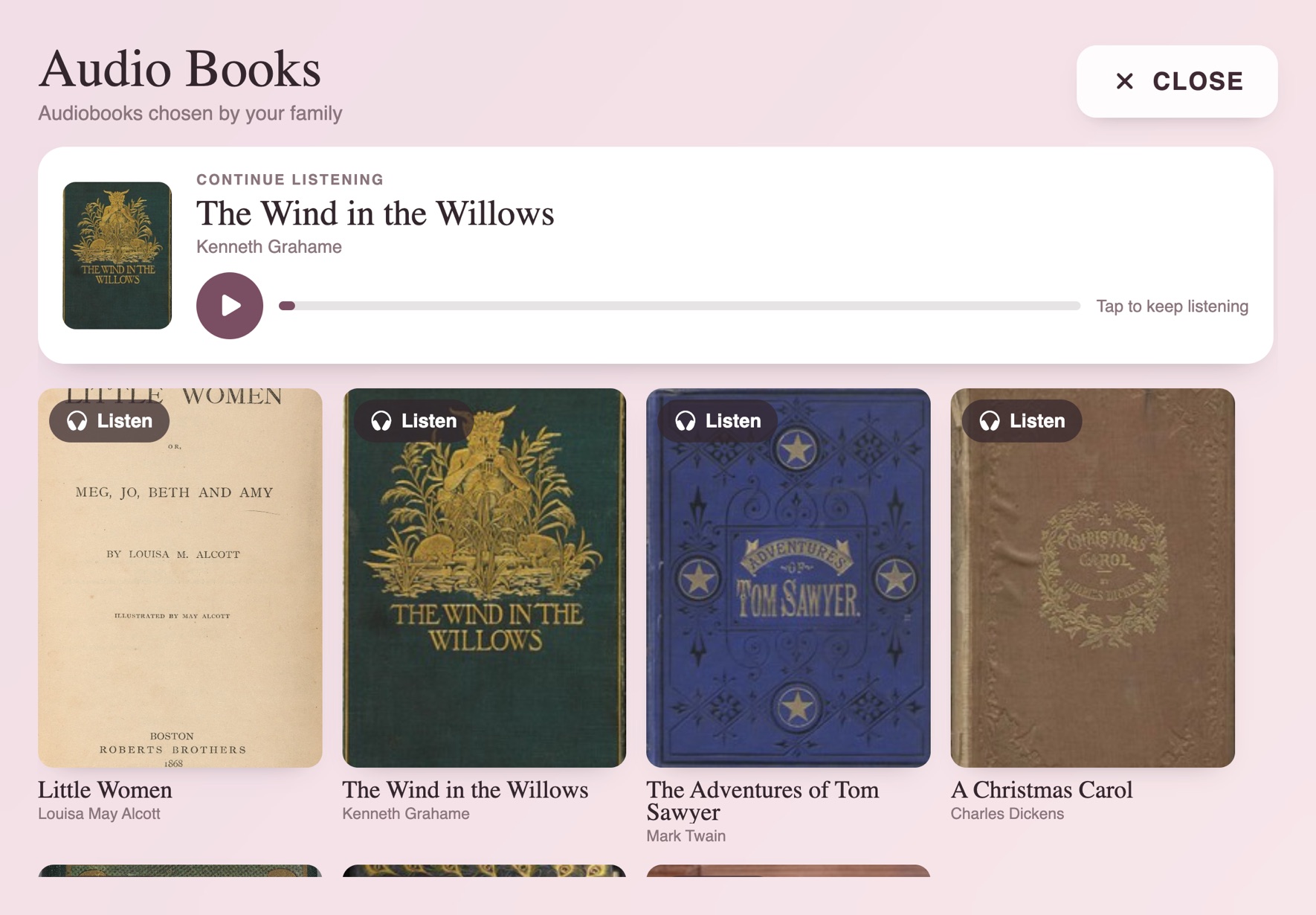 The audiobook shelf on the iPad, each book with a Listen button