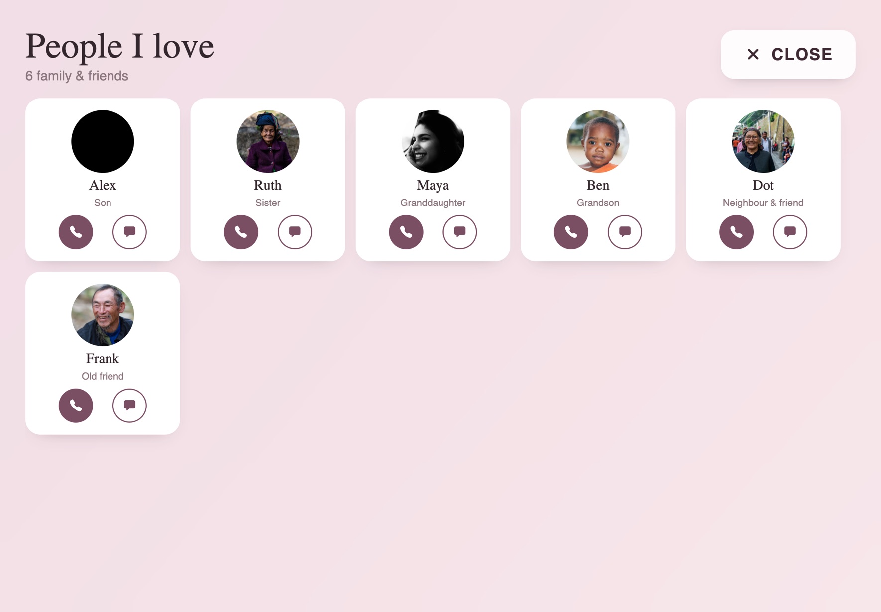 People she loves on the iPad: family and friends as faces, each with a call and a message button