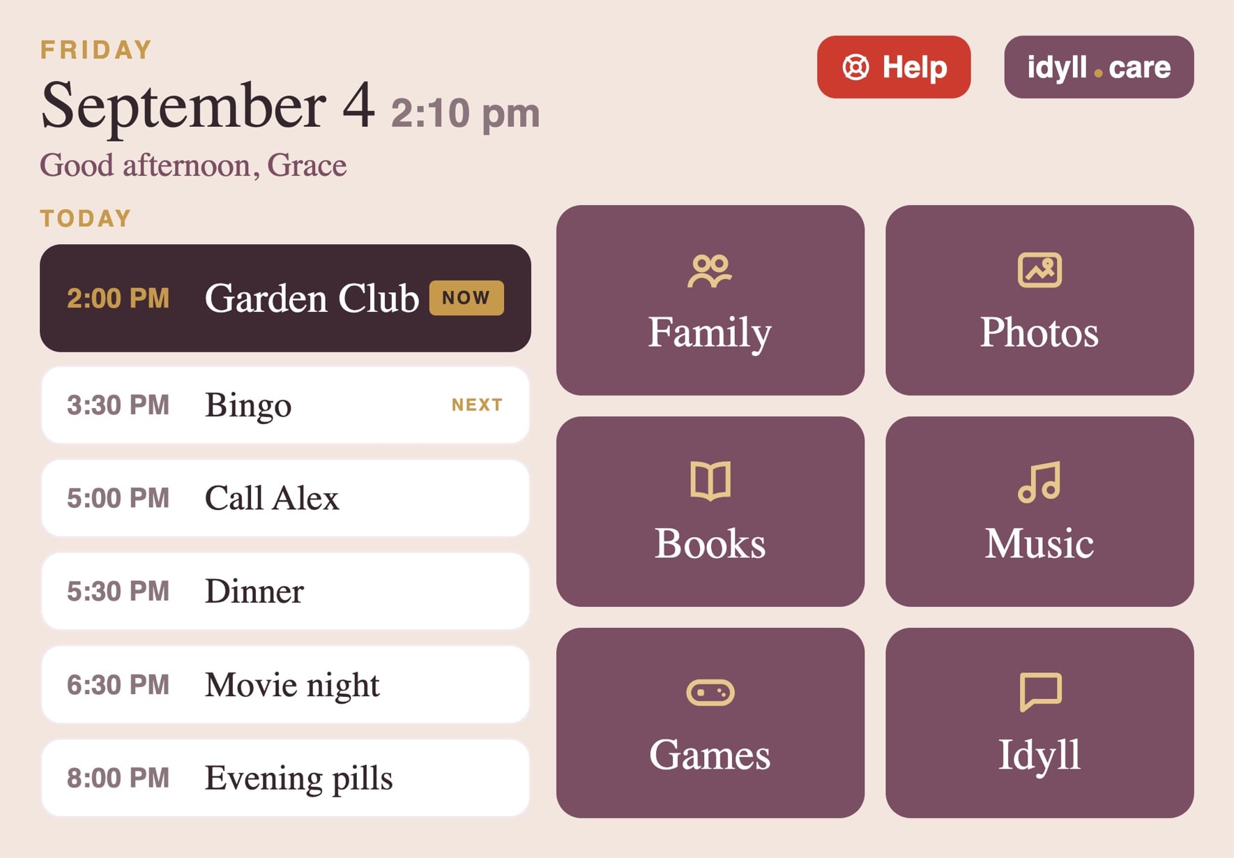 Simple Mode on the iPad: six large tiles for family, photos, books, music, games and Idyll, with the day's plan listed down the left