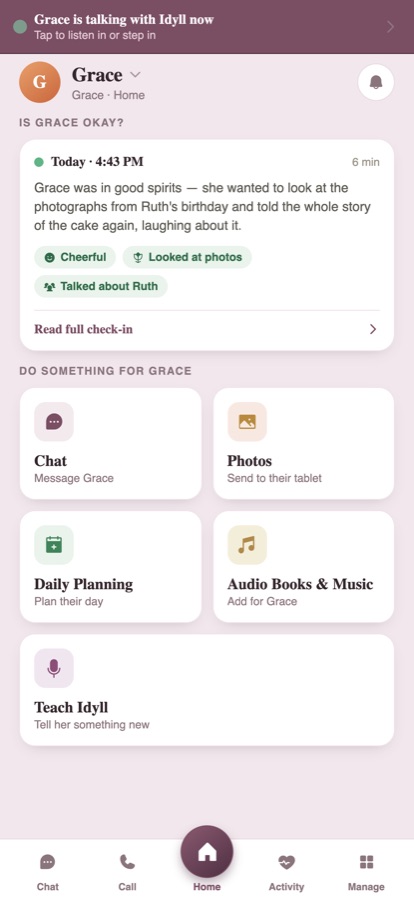 The Idyll app on an iPhone: a banner saying she's talking with Idyll now, today's check-in note, and tiles to chat, send photos, plan her day and add books