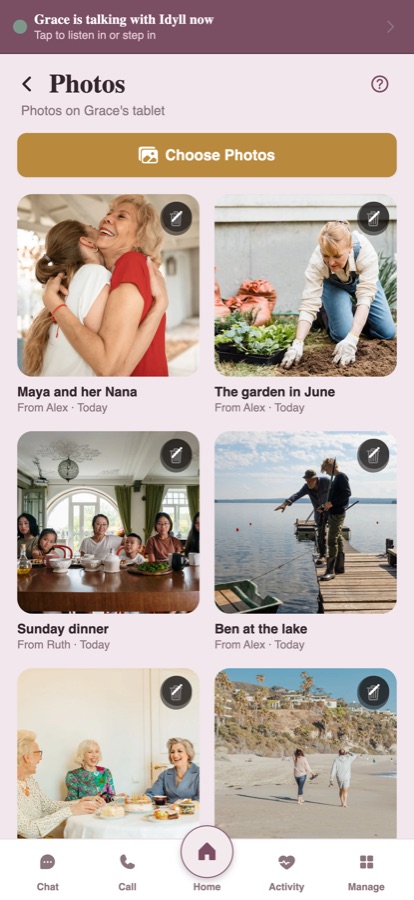 Choosing photos to send to the iPad, each with the story recorded beside it