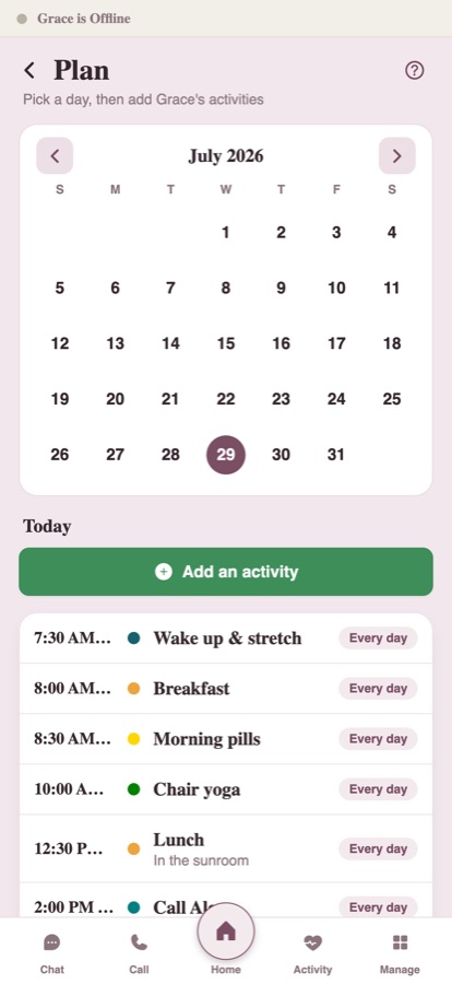 The daily plan editor on the phone