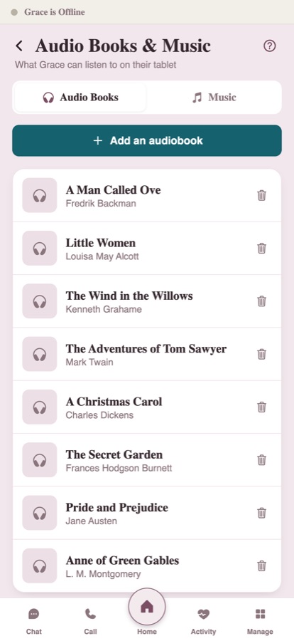 The family's phone, filling her shelf — the audiobooks and music they choose for her